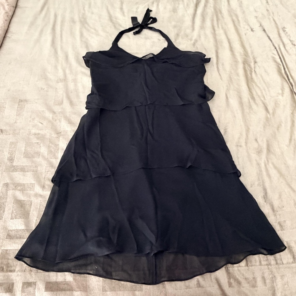 VTG Jones New York Dress Womens 12 Black Silk Halter Tiered Slip Midi Ruffle
